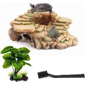 Turtle Basking Platform Kit, Reptile Habitat Hideout, Decorative Resin for Aquarium & Terrarium, Including Artificial Plant and Cleaning Brush. (A-Large-Black)