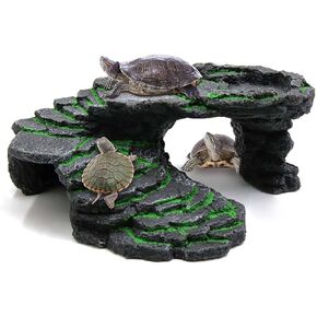 Turtle Basking Platform Kit, Reptile Habitat Hideout, Decorative Resin for Aquarium & Terrarium, Including Artificial Plant and Cleaning Brush. (A-Large-Black)