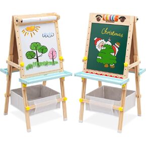 Kids Easel with Paper Roll Double-Sided Whiteboard & Chalkboard Standing Easel with Numbers and Other Accessories for Kids and Toddlers (with Abacus)