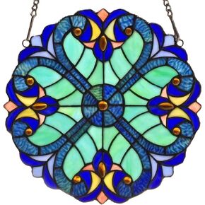 Bieye W10013 Victorian Tiffany Style Stained Glass Window Panel Hangings with Chain, 12-inch Wide, Blue