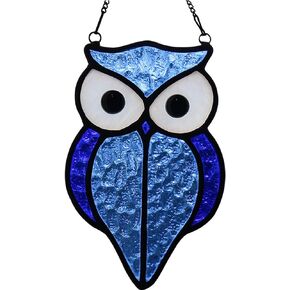 MUZZIOU Blue Big Eye Owl Bird Stained Glass Window, Owl Bird Window Hanging Suncatcher,Wall Art Decor for Living Room Bedroom Kitchen Birthday Gift for Women