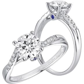 DovEggs Solid 14K White Gold Center 2ct 8mm FG Color Moissanite Petite Twished Engagement Ring Solitaire with Blue Sapphire&Moissanite Accents for Women Band Width 1.6mm
