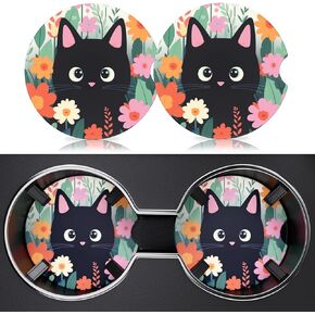 Heainaiyoo 2 Pack Car Cup Holder Coaster, 2.63 inch Anti Slip Insert Absorbent Ceramic Car Coaster with Cork Base and Finger Notch, Cute Car Accessories Interior for Women, Cute Car Coasters.