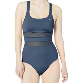 Nike Women's Standard Mesh Solid Edge V-Back One Piece Swimsuit (Navy/Small)