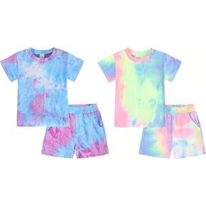 Agitation Girls Summer Set Tie-Dye T-Shirt and Shorts Set with Side Pockets 2 Pcs with 2 Sets for Kids