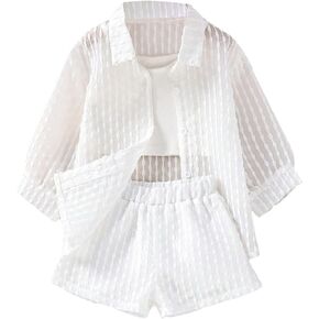 Verdusa Toddler Girl's 3 Piece Outfits Button Front Shirt and Cami Top with Shorts
