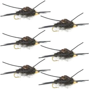 The Fly Fishing Place Bead Head Nymph Fly Fishing Flies - Kaufmann's Black Stone Fly with Rubber Legs - Stonefly Wet Fly - 6 Flies Hook Size 12