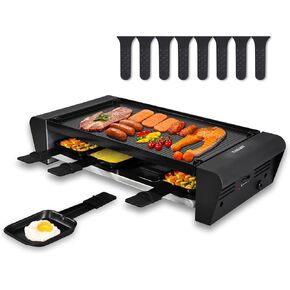 TAMARIT Raclette Table Grill for 8, 2-in-1 Raclette Grill Swiss Style Raclette PFAS Free Nonstick Reversible Grill/Griddle Plate, Adjustable Temperature Control, 1300W, 8 Raclette Cheese Pans, Black