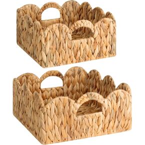 StorageWorks Scalloped Edge Wicker Basket, Hand-woven Rattan Baskets with Built-in Handles, Water Hyacinth Basket for Organizing and Decor, 2 Pack
