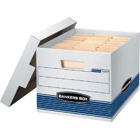 Bankers Box 4 Pack STOR/FILE Medium-Duty File Storage Boxes, FastFold, Lift-Off Lid, Letter/Legal, White/Blue