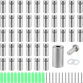HEIHAK 50 PCS 1/2 x 1 Inch Sign Standoff Screws Sets, Stainless Steel Advertising Nails Glass Acrylic Nails Sign Holders Screws Wall Mounting Hardware with Rubber Spacers, Silver