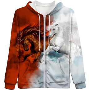 Srcnhim Novelty Horse 3D Print Zipper Hoodie Animal Hoodies Sweatshirt Pullover for Men Women