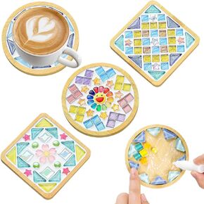 UXORSN 4 Sets DIY Mosaic Coaster Kit Mosaic Tiles for Crafts Mixed Color Glass Mosaic with Wooden Coaster Materials Package Mosaic Craft Kits for Adults Handmade Home Decoration and Art Gifts