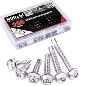 Hilitchi 410 Stainless Steel #8 Hex Washer Head Self Drilling Sheet Metal Tek Screws Assortment Kit Set with Drill Point, Self Driller, 200 Pieces