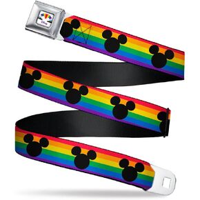 Buckle-Down Disney Belt, Seatbelt Buckle Belt, Mickey Mouse Ears Icon Rainbow Pride Flag, Mens Womens Kids Adjustable
