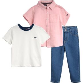 طقم سراويل للأولاد من DKNY - قميص بأكمام قصيرة وأزرار سفلية من 3 قطع، وتي شيرت، وجينز دينم - طقم ملابس للأولاد الصغار (2T-7)
