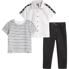 DKNY Boys' Pants Set - 3 Piece Short Sleeve Button Down Shirt, T-Shirt, and Denim Jeans - Outfit Set for Toddler Boys (2T-7)