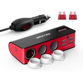 BESTEK 3-Socket Cigarette Lighter Adapter, 12V/24V 200W DC Cigarette Lighter Splitter Power Adapter with 6A 4-Port Car Power Adapter Splitter for GPS, Dashcam, with Replace Fuse