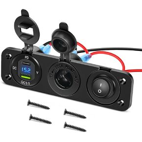 Nilight 4 in 1 Charger Socket Panel Dual QC3.0 USB Charger with LED Voltmeter Display and Cigarette Lighter Socket and Power Cutoff Switch,Avoid Battery Drain Off Switch for UTV ATV,Black, Red