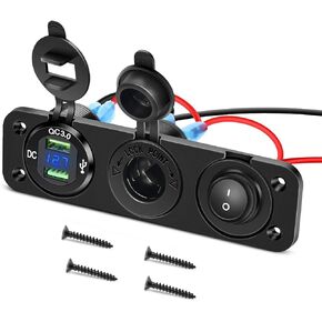 Nilight 4 in 1 Charger Socket Panel Dual QC3.0 USB Charger with LED Voltmeter Display and Cigarette Lighter Socket and Power Cutoff Switch,Avoid Battery Drain Off Switch for UTV ATV,Black, Red