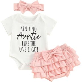 YOKJZJD Newborn Baby Girl Auntie Outfits Letter Short Sleeve Romper T-Shirt Tops Tutu Skirt Shorts Set Summer Clothes
