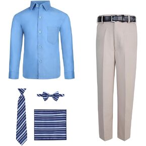 S.H. Churchill & Co. Boy's 6 Piece Crystal Blue Dress Shirt and Khaki Comfort Waist Dress Pants Set - Includes Long Tie, Bow Tie, Hanky, and Belt – Size 12