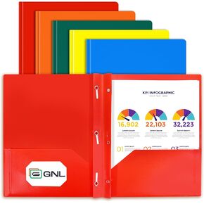 GNL Plastic Folders with Pockets and Prong, Pack of 5, Colored Heavy Duty 2 Pocket File Folders Letter Size, Folders with Prongs for School, Home, and Office