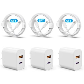 iPhone 14 13 Charger, USB C Charger [MFi Certified] 3Pack 20W PD USB C+QC3.0 USB A Dual Port Wall Charger with 6FT USB C to Lightning Cable Compatible with iPhone 14/13/12/Pro/Pro Max/XS/X/SE and More