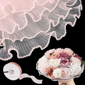 2Pack Bouquet Wrapping Paper with Pearl Florist, Pearl Edge Flower Wrapping Mesh Paper with 10 Yards Satin Ribbon for Florist Supplies Mother's Day Wedding Gifts Packaging (Pink)