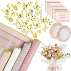 Floral Bouquet Corsages Wrapping Paper, 40 Sheets Flower Wrapping Paper 48 Gold 3D Butterfly Wall Decor and 100 Pcs Bouquet Wedding Corsages Pins for Christmas Valentine's Day Flower Shop DIY Craft