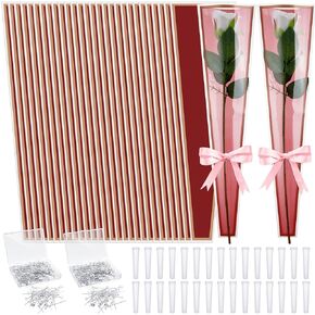 Outus Set of 600 Valentine's Day Single Flower Wrapping Kit 200 Pcs Single Rose Sleeves with 200 Floral Water Tubes 200 Crystal Diamond Head Bouquet Pins for Mother's Day Graduation(Mix Color)