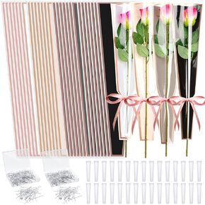 Outus Set of 600 Valentine's Day Single Flower Wrapping Kit 200 Pcs Single Rose Sleeves with 200 Floral Water Tubes 200 Crystal Diamond Head Bouquet Pins for Mother's Day Graduation(Mix Color)