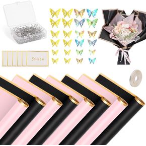 Flower Bouquet Wrapping Paper Kit, Waterproof Bulk Floral Wrapping Paper for Bouquets Florist Bouquet with Ribbons Flower Pins 3D Butterflies, 22.8x22.8 Inches (238)