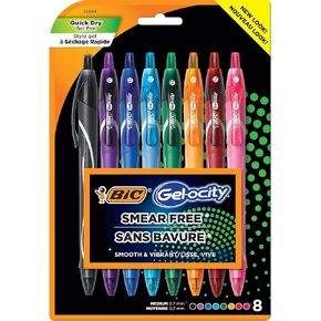 BIC Gel-ocity سريع الجفاف (يجف بسرعة تصل إلى 3 مرات) ألوان فائقة السطوع، خالية من التلطيخ، أقلام جل قابلة للسحب بألوان متنوعة، نقطة متوسطة (0.7 مم)، أقلام ملونة للبالغين من النساء والرجال، 8 قطع (عبوة من قطعة واحدة)