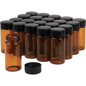 Furnido 20ml Glass Sample Vial,20 Pcs Empty Refillable Glass Bottle with Black Screw Caps,Essential Oil Bottle Storage Liquid Sampling Collection Container,20 Label (Amber)