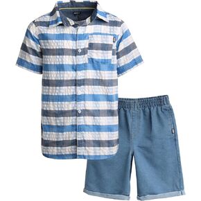 DKNY Boys' Shorts Set - 2 Piece Short Sleeve Button Down Shirt Stretch Denim Jean Shorts - Summer Outfit Set for Boys (8-12)