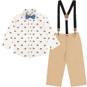 Disney Mickey Mouse Button Down Shirt Twill Pants Suspenders and Bow-Tie 4 Piece Outfit Set Infant to Big Kid
