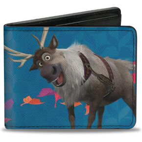 Buckle-Down Men's Disney Wallet, Bifold, Frozen 2 Sven Olaf Parts Swirling Leaves Blues Multi Color, Vegan Leather, 4.0" x 3.5"