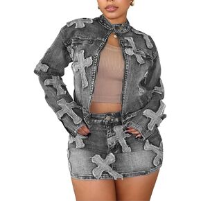KANSOON Skirt Sets Women 2 Piece Outfits Denim Long Sleeve Full Zip Embroidery Crop Jean Jacket Mini Skirt Set