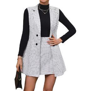 Floerns Women's 2 Piece Outfit Workwear Plaid Print Lapel Neck Vest Blazer and Skirt Set