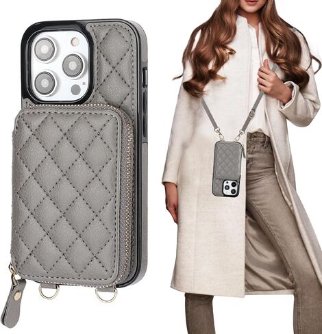 حافظة محفظة Bocasal Crossbody لهاتف iPhone 14 Pro، غطاء قلاب لحقيبة اليد من جلد البولي يوريثان بسحاب RFID، حافظة بمسند فوليو مع فتحات للبطاقات وحزام معصم 5G 6.1 بوصة (رمادي) in Saudi Arabia