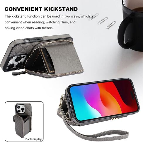 حافظة محفظة Bocasal Crossbody لهاتف iPhone 14 Pro، غطاء قلاب لحقيبة اليد من جلد البولي يوريثان بسحاب RFID، حافظة بمسند فوليو مع فتحات للبطاقات وحزام معصم 5G 6.1 بوصة (رمادي) in Saudi Arabia