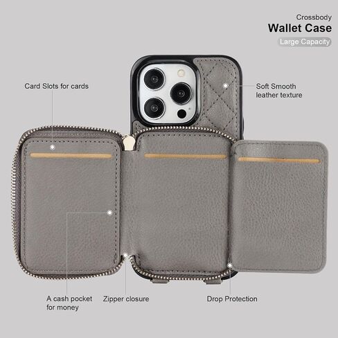حافظة محفظة Bocasal Crossbody لهاتف iPhone 14 Pro، غطاء قلاب لحقيبة اليد من جلد البولي يوريثان بسحاب RFID، حافظة بمسند فوليو مع فتحات للبطاقات وحزام معصم 5G 6.1 بوصة (رمادي) in Saudi Arabia