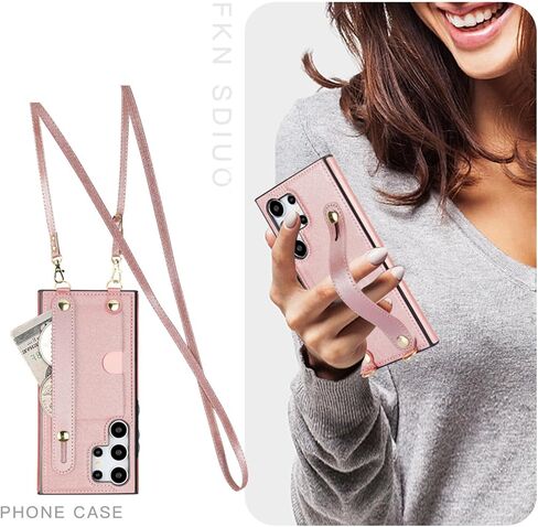 for Samsung Galaxy S25 Ultra (Not S25) Crossbody Wrist Strap Wallet Case with Cash Change Slot, Removable Adjustable Shoulder Lanyard PU Leather Cover for Samsung Galaxy S25 Ultra XK-Rose Gold in Kuwait