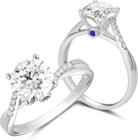 DovEggs الصلبة 14K الذهب الأبيض مركز 2ct 8mm FG اللون المويسانتي صغير ملتوي خاتم الخطوبة سوليتير مع الياقوت الأزرق ولهجات المويسانتي للنساء عرض الفرقة 1.6 مم in Saudi Arabia