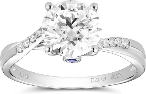 DovEggs الصلبة 14K الذهب الأبيض مركز 2ct 8mm FG اللون المويسانتي صغير ملتوي خاتم الخطوبة سوليتير مع الياقوت الأزرق ولهجات المويسانتي للنساء عرض الفرقة 1.6 مم in Saudi Arabia