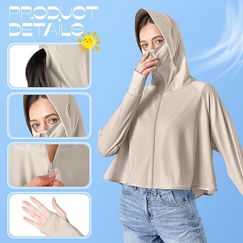 Hercicy 2 قطعة ملابس للحماية من الأشعة فوق البنفسجية سترة بغطاء للرأس بسحاب كامل من الأشعة فوق البنفسجية للنساء in Saudi Arabia