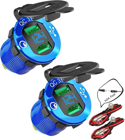 DaierTek 12V Dual USB Charger Socket for Automotive Car Marine RV RZR Boat ATV Bus Truck, Quick Charge 3.0 Waterproof with Blue LED Voltmeter and Wire Fuse DIY Kit - 2pcs in Saudi Arabia