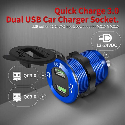 DaierTek 12V Dual USB Charger Socket for Automotive Car Marine RV RZR Boat ATV Bus Truck, Quick Charge 3.0 Waterproof with Blue LED Voltmeter and Wire Fuse DIY Kit - 2pcs in Saudi Arabia