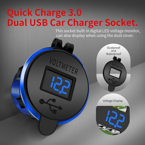 DaierTek 12V Dual USB Charger Socket for Automotive Car Marine RV RZR Boat ATV Bus Truck, Quick Charge 3.0 Waterproof with Blue LED Voltmeter and Wire Fuse DIY Kit - 2pcs in Saudi Arabia